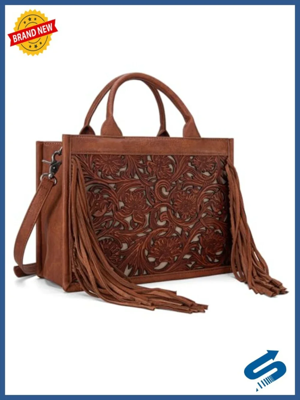 Tooled Leather Floral Fringe Tote with Wallet Set